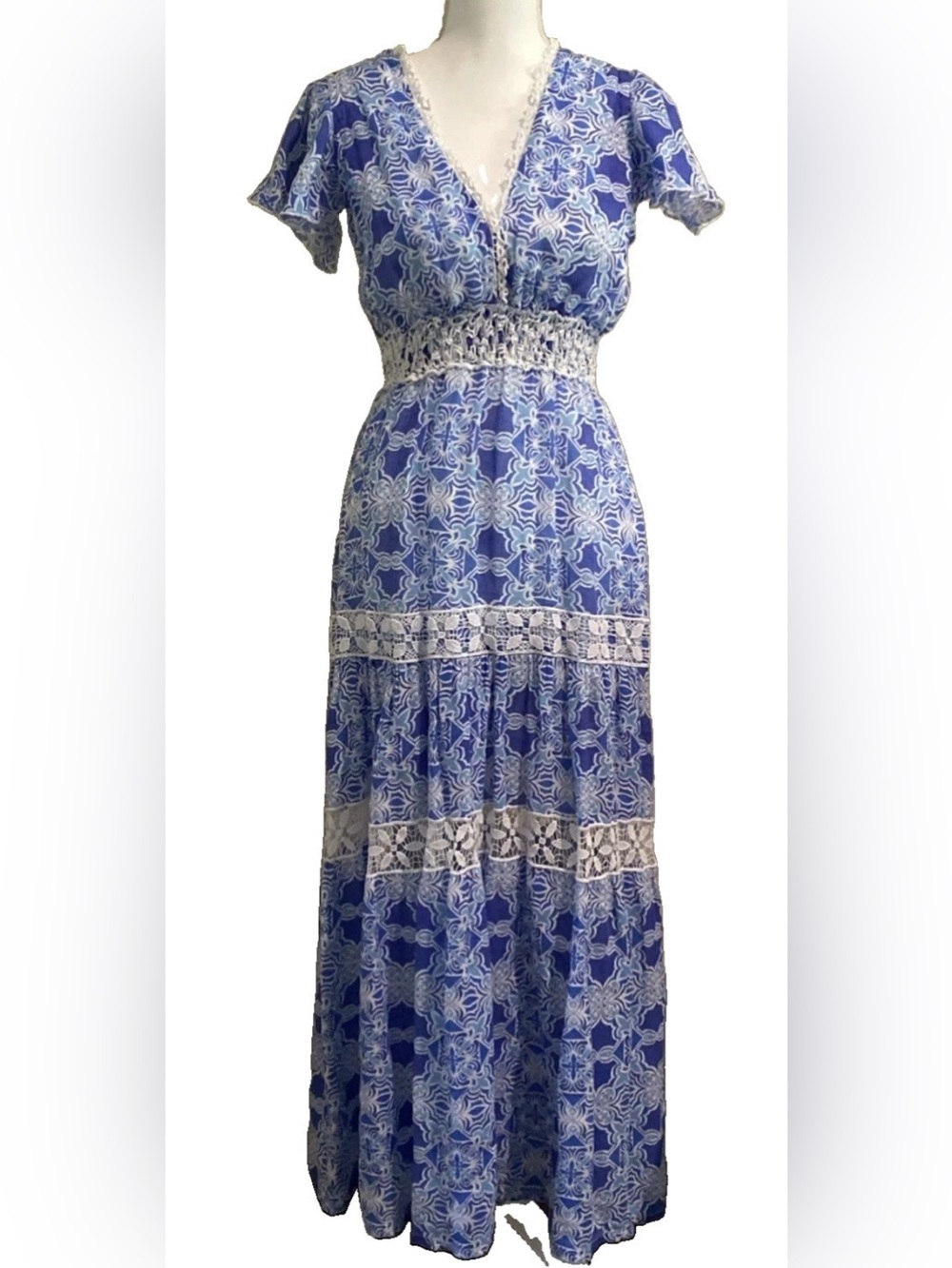 Temptations Positano- Made in Italy Prisco Blue & White Floral Maxi Dress